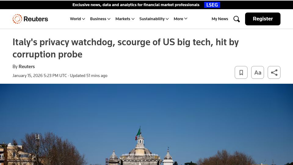 Screenshot of reuters.com: Italy's privacy watchdog, scourge of US big tech, hit by corruption probe