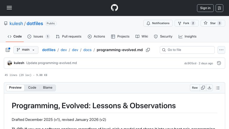 Screenshot of github.com: Programming, Evolved: Lessons and Observations