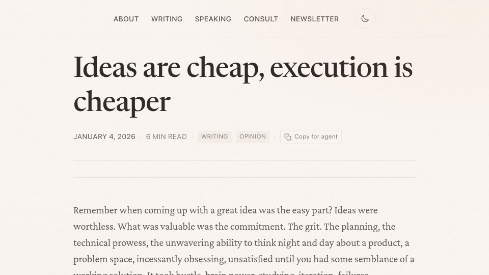 Screenshot of davekiss.com: Ideas are cheap, execution is cheaper