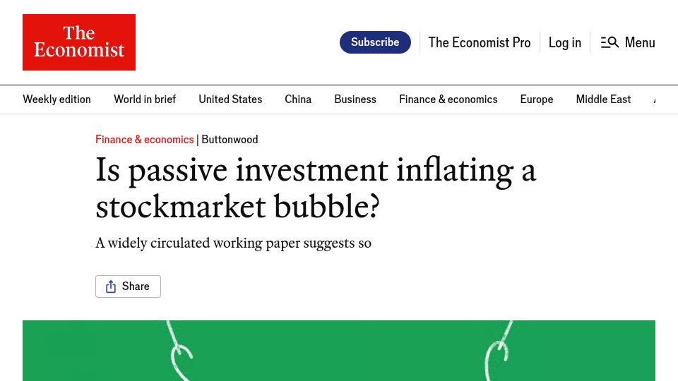 Screenshot of economist.com: Is passive investment inflating a stockmarket bubble?