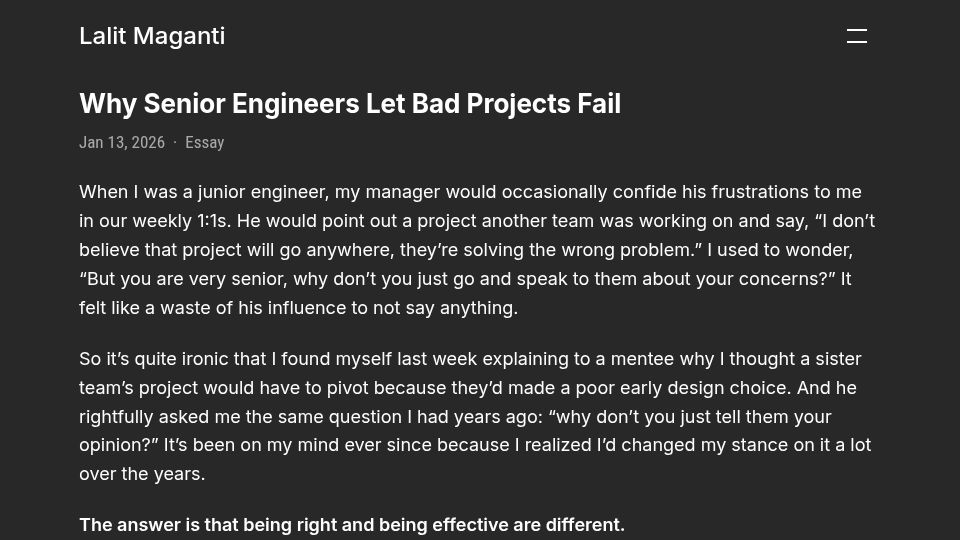 Screenshot of lalitm.com: Why senior engineers let bad projects fail