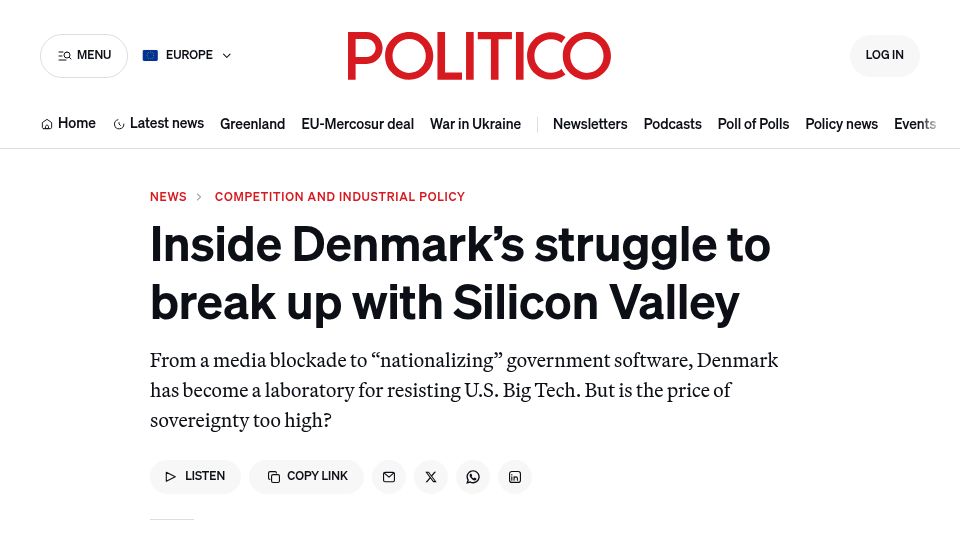 Screenshot of politico.eu: Denmark's struggle to break up with Silicon Valley