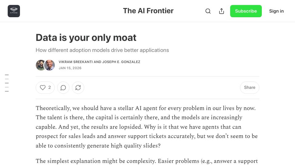 Screenshot of frontierai.substack.com: Data is the only moat