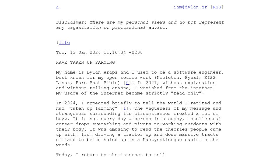 Screenshot of dylan.gr: Have Taken Up Farming