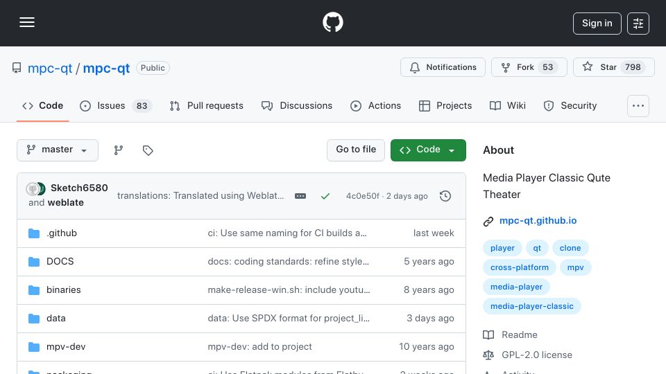 Screenshot of github.com: Media Player Classic Qute Theater
