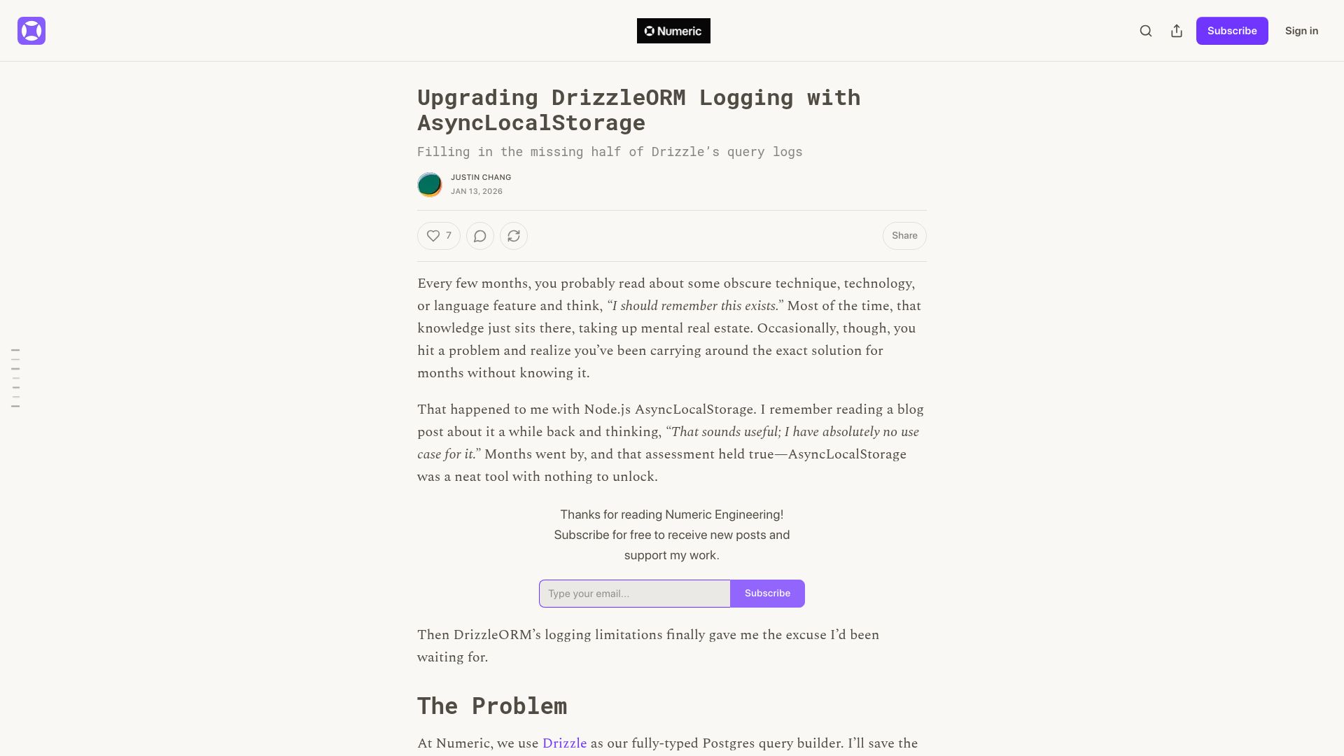 Screenshot of numeric.substack.com: Upgrading DrizzleORM logging with AsyncLocalStorage