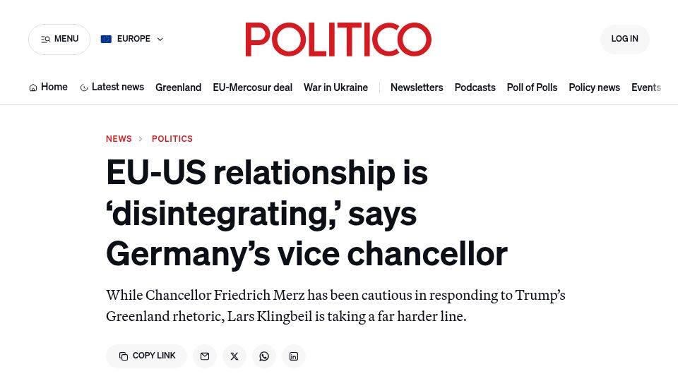 Screenshot of politico.eu: EU-US relationship is 'disintegrating,' says Germany's vice chancellor