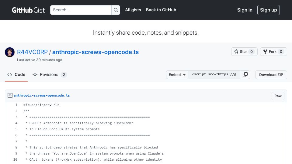 Screenshot of gist.github.com: Anthropic Explicitly Blocking OpenCode