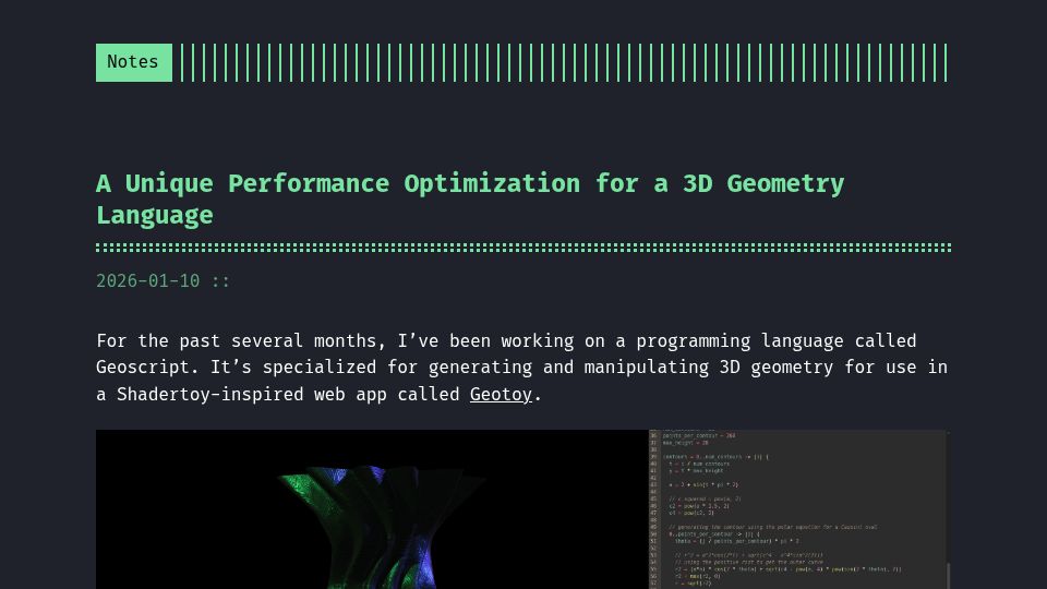 Screenshot of cprimozic.net: A Unique Performance Optimization for a 3D Geometry Language