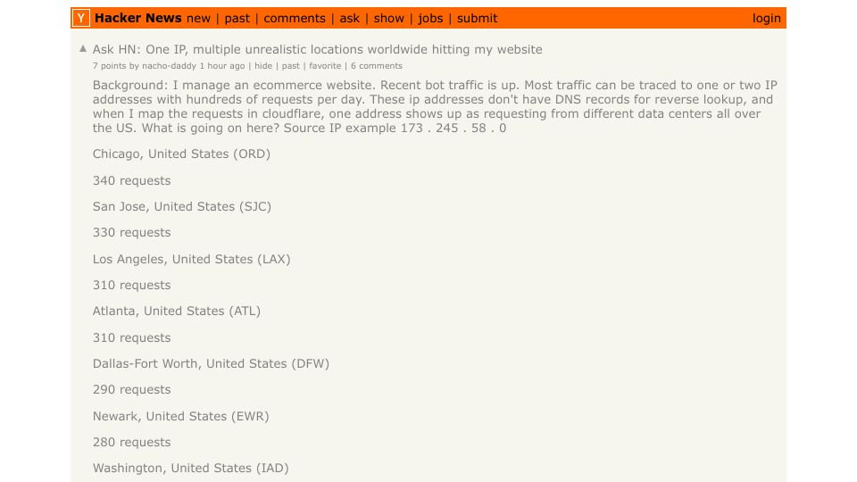 Screenshot of Hacker News post: Ask HN: One IP, multiple unrealistic locations worldwide hitting my website