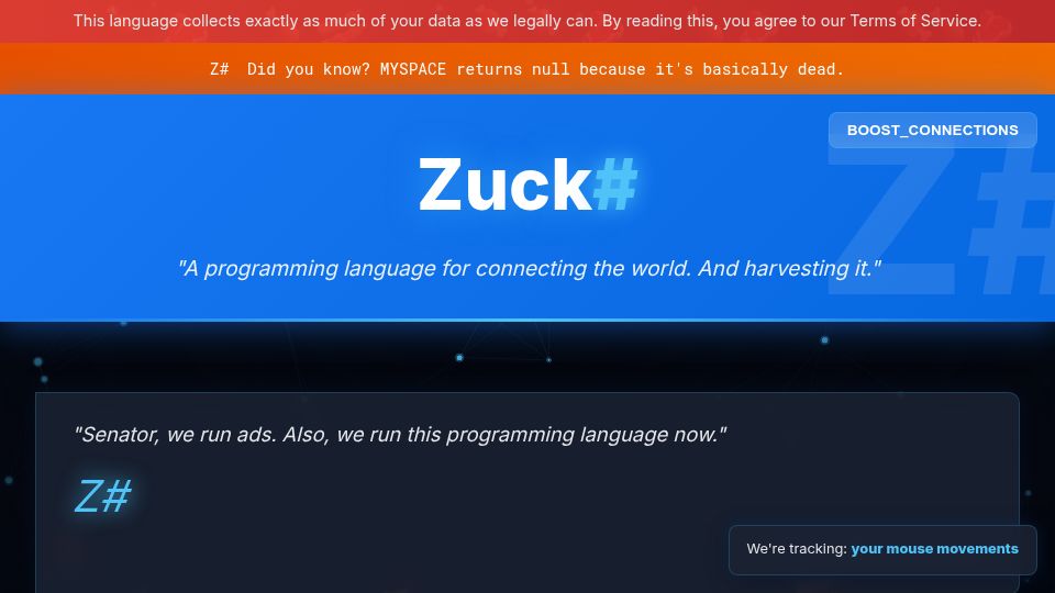 Screenshot of jayzalowitz.github.io: Zuck#: A programming language for connecting the world. And harvesting it
