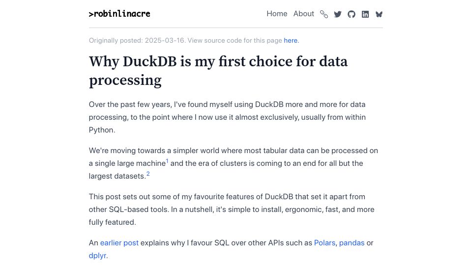 Screenshot of robinlinacre.com: Why DuckDB is my first choice for data processing