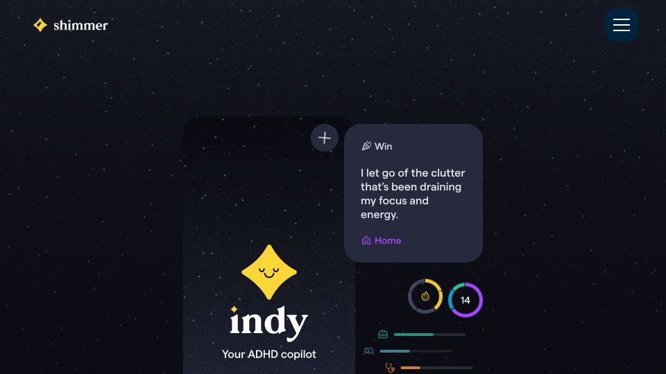 Screenshot of shimmer.care: Launch HN: Indy (YC S21) – A support app designed for ADHD brains