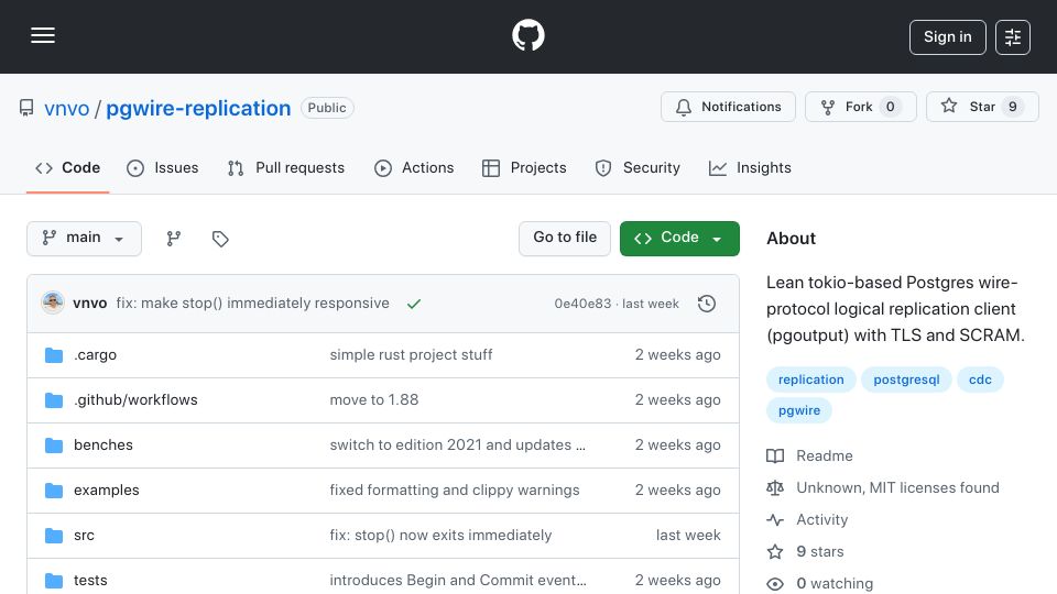 Screenshot of github.com: Show HN: pgwire-replication - pure rust client for Postgres CDC