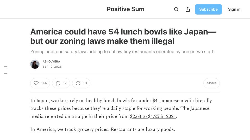 Screenshot of abio.substack.com: America could have $4 lunch bowls like Japan but for zoning laws