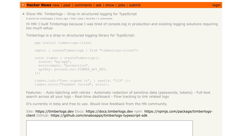 Screenshot of Hacker News post: Show HN: Timberlogs – Drop-in structured logging for TypeScript