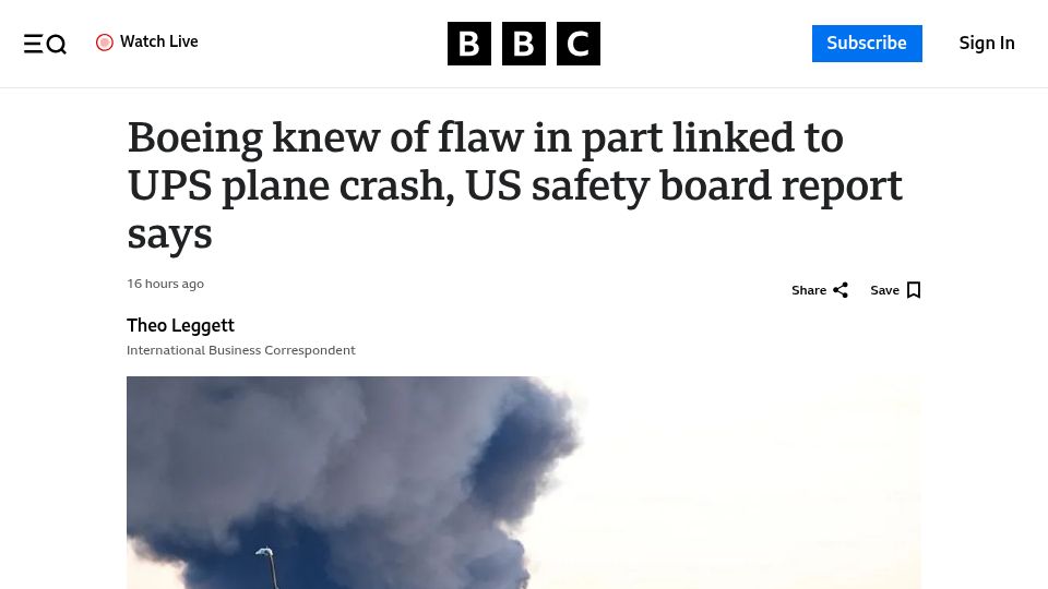 Screenshot of bbc.com: Boeing knew of flaw in part linked to UPS plane crash, NTSB report says