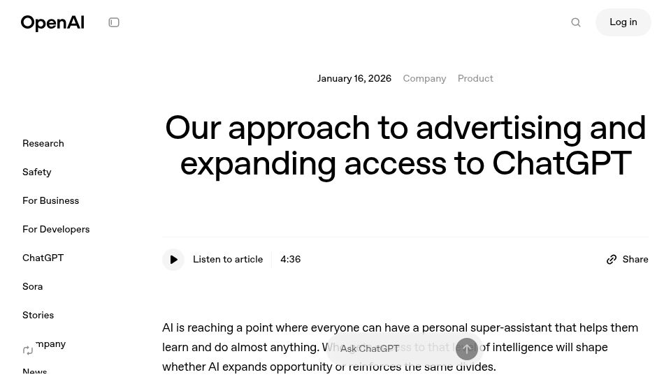 Screenshot of openai.com: Our approach to advertising