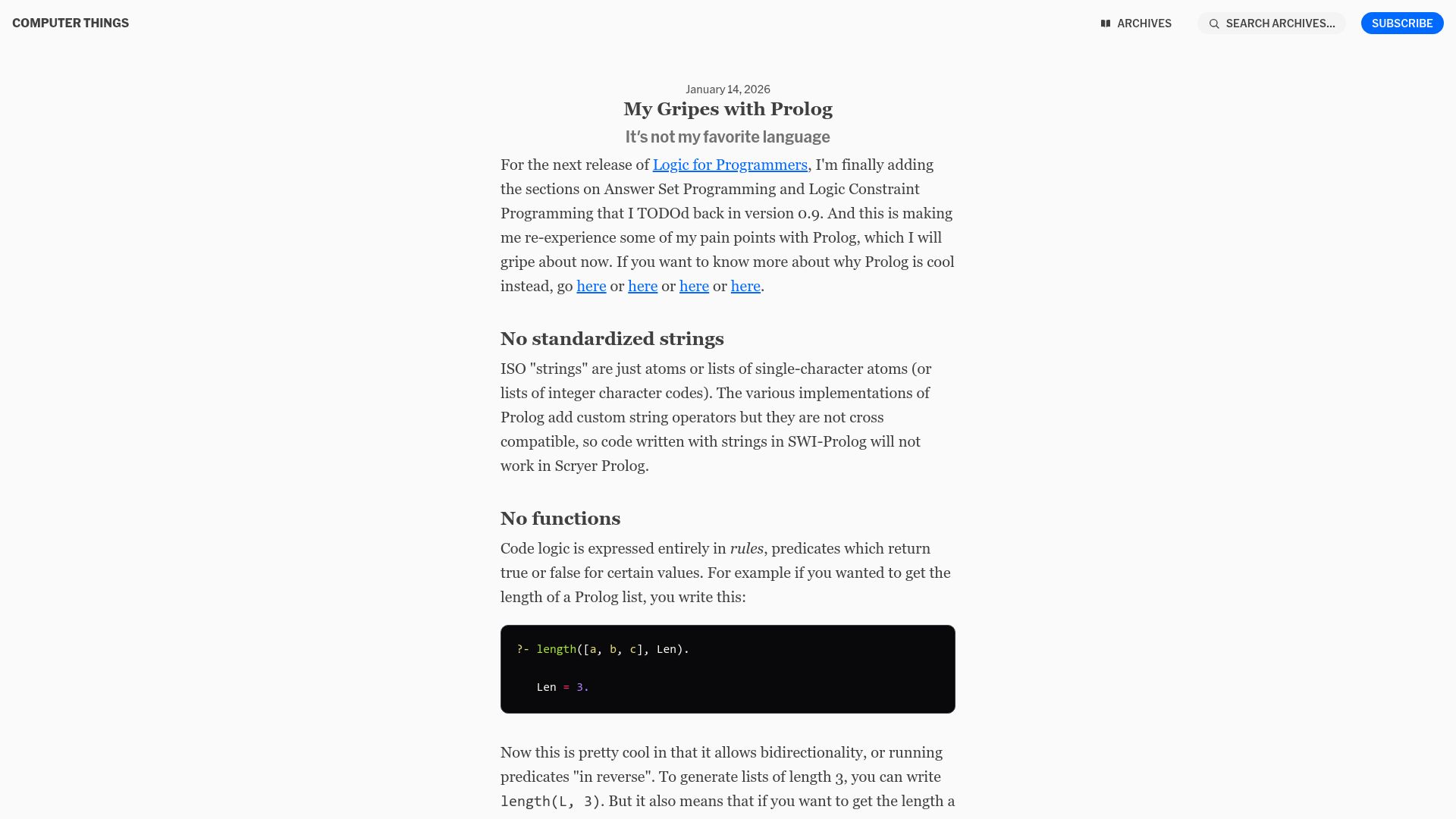 Screenshot of buttondown.com: My Gripes with Prolog