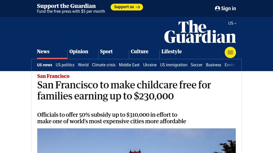 Screenshot of theguardian.com: San Francisco to offer free childcare to people making up to $230k