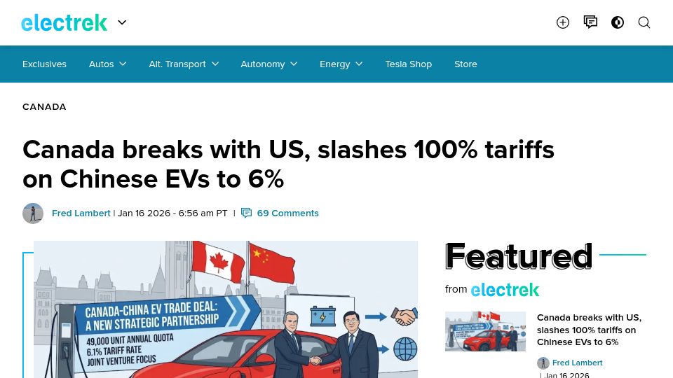 Screenshot of electrek.co: Canada slashes 100% tariffs on Chinese EVs to 6%