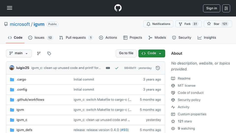 Screenshot of github.com: Independent Guest Virtual Machine (IGVM) File Format