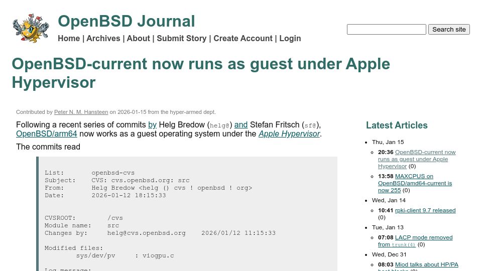 Screenshot of undeadly.org: OpenBSD-current now runs as guest under Apple Hypervisor