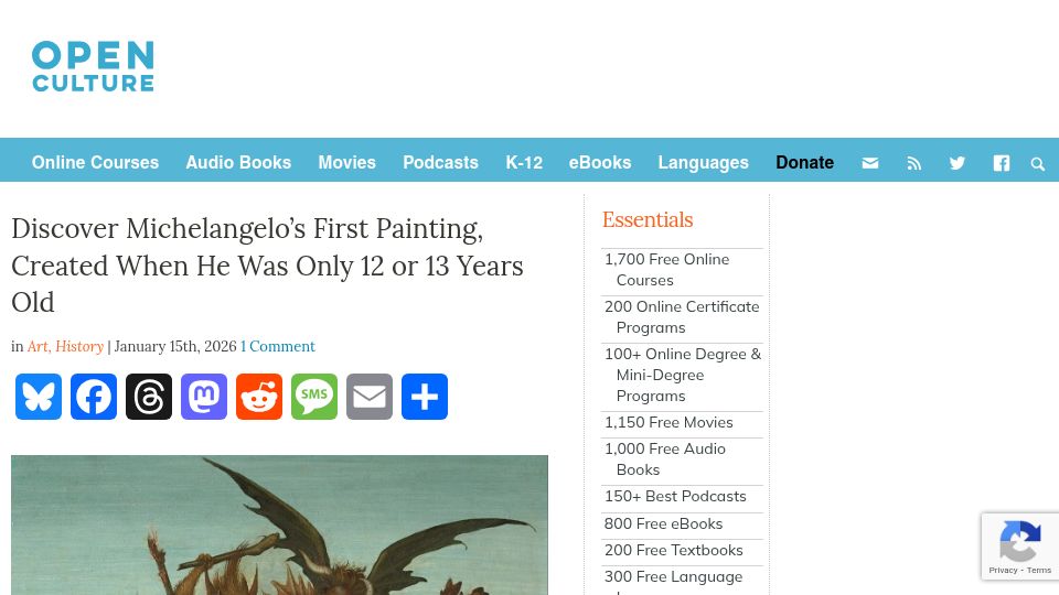 Screenshot of openculture.com: Michelangelo's first painting, created when he was 12 or 13