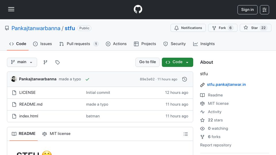 Screenshot of github.com: STFU