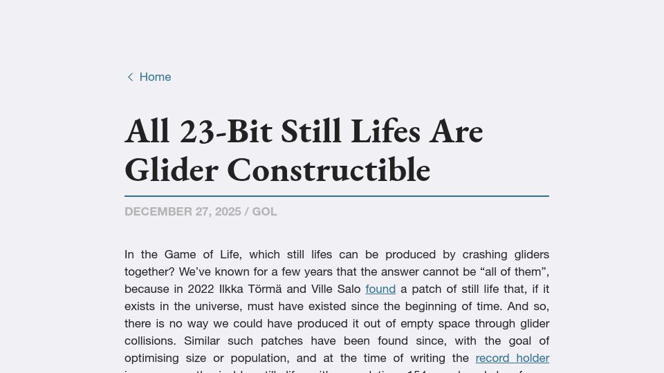 Screenshot of mvr.github.io: All 23-Bit Still Lifes Are Glider Constructible