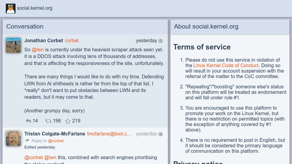 Screenshot of social.kernel.org: LWN is currently under the heaviest scraper attack seen yet