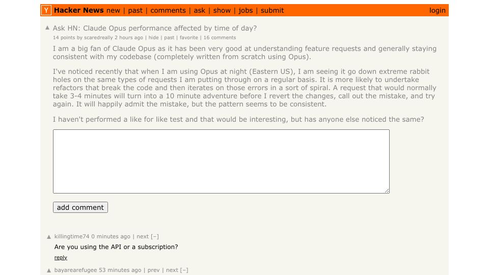 Screenshot of Hacker News post: Ask HN: Claude Opus performance affected by time of day?