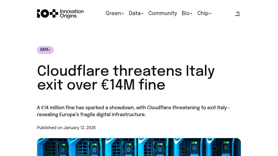 Screenshot of ioplus.nl: Cloudflare threatens Italy exit over €14M fine