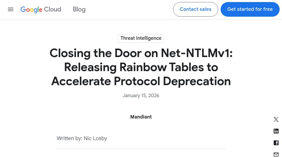 Screenshot of cloud.google.com: Releasing rainbow tables to accelerate Net-NTLMv1 protocol deprecation