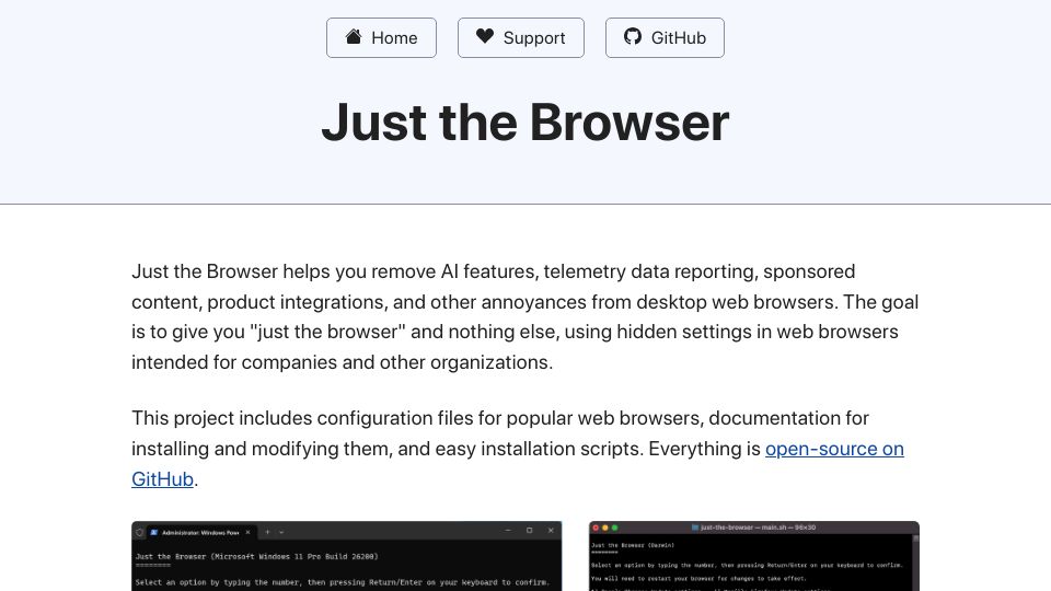 Screenshot of justthebrowser.com: Just the Browser