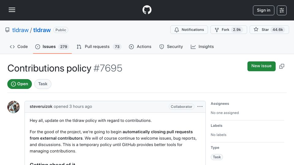 Screenshot of github.com: Tldraw pauses external contributions due to AI slop