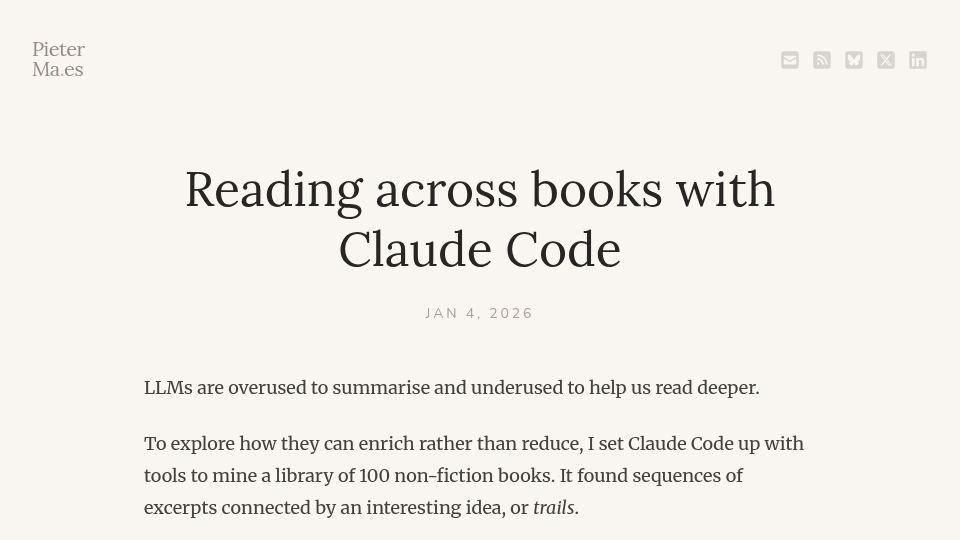 Screenshot of pieterma.es: Reading across books with Claude Code