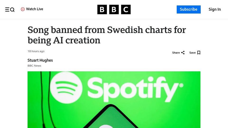 Screenshot of bbc.com: Song banned from Swedish charts for being AI creation