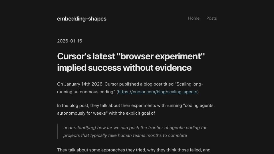 Screenshot of embedding-shapes.github.io: Cursor's latest “browser experiment” implied success without evidence