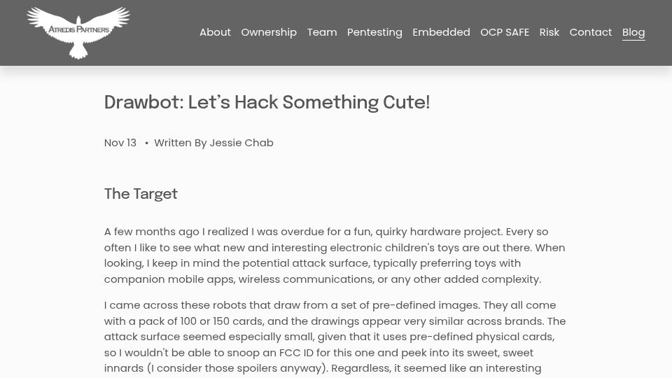 Screenshot of atredis.com: Drawbot: Let's hack something cute (2025)