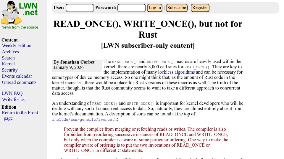 Screenshot of lwn.net: Read_once(), Write_once(), but Not for Rust