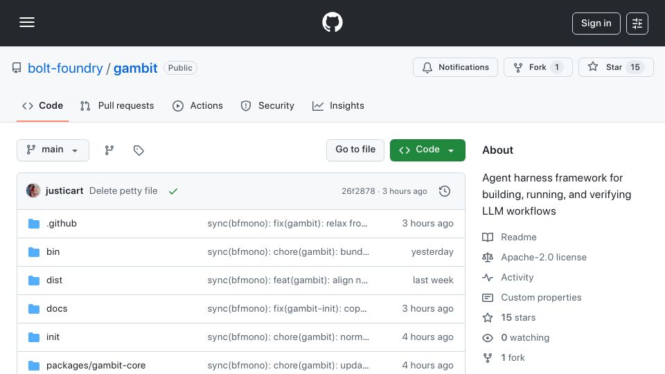 Screenshot of github.com: Show HN: Gambit, an open-source agent harness for building reliable AI agents