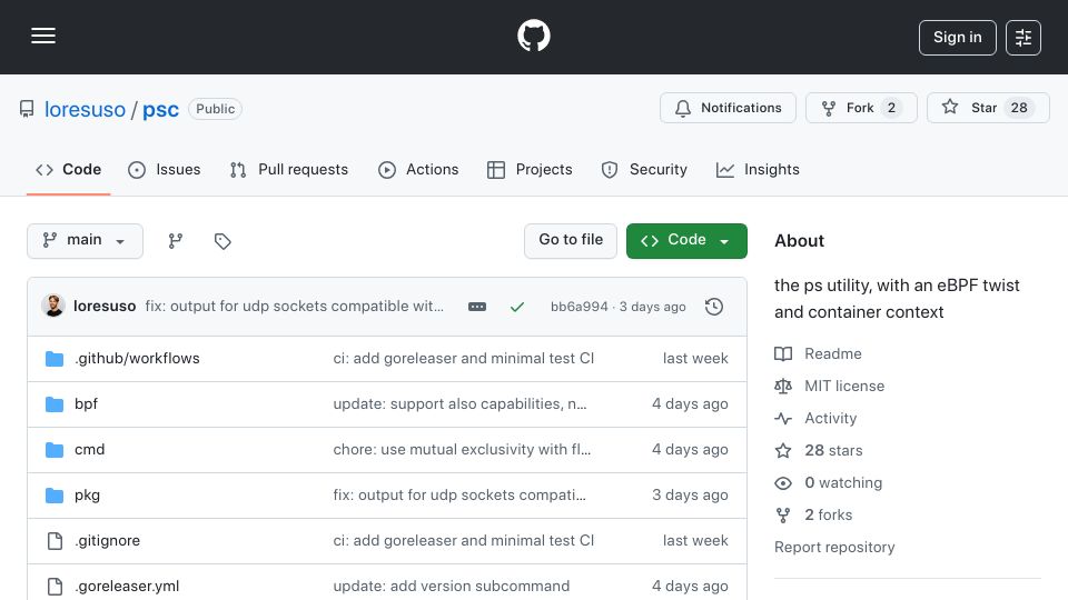 Screenshot of github.com: psc: The ps utility, with an eBPF twist and container context