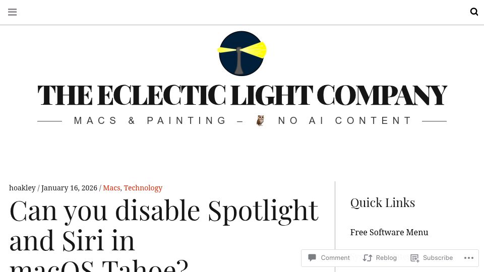 Screenshot of eclecticlight.co: Can You Disable Spotlight and Siri in macOS Tahoe?