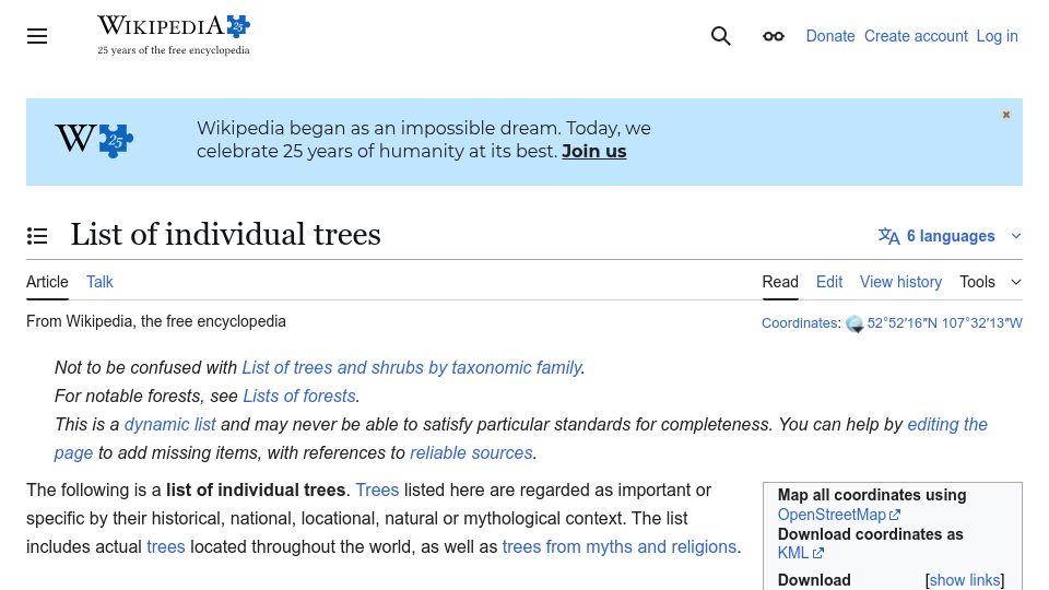 Screenshot of en.wikipedia.org: List of individual trees