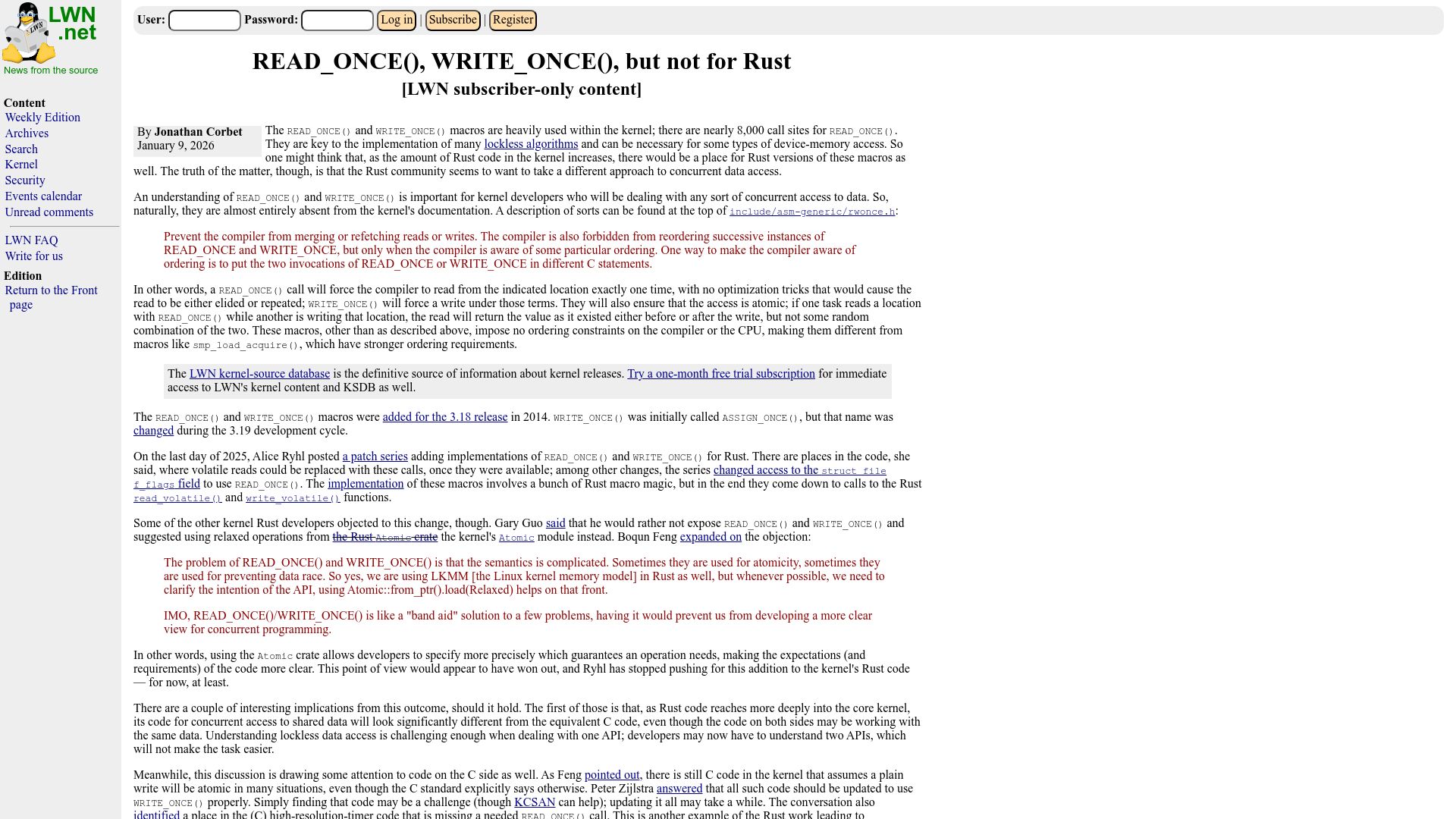 Screenshot of lwn.net: Read_once(), Write_once(), but Not for Rust