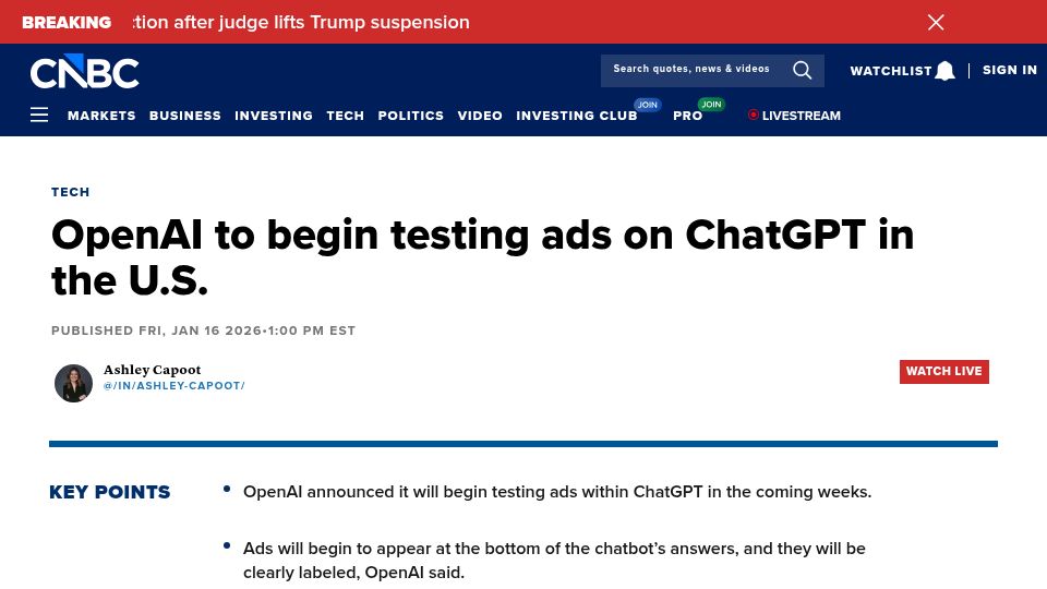 Screenshot of cnbc.com: OpenAI to begin testing ads on ChatGPT in the U.S.