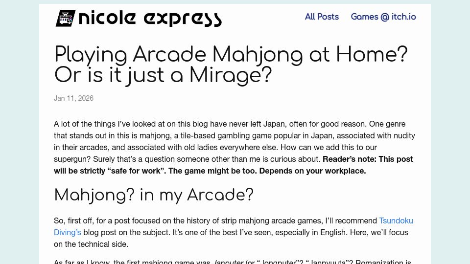 Screenshot of nicole.express: Playing Arcade Mahjong at Home? Or is it just a Mirage?