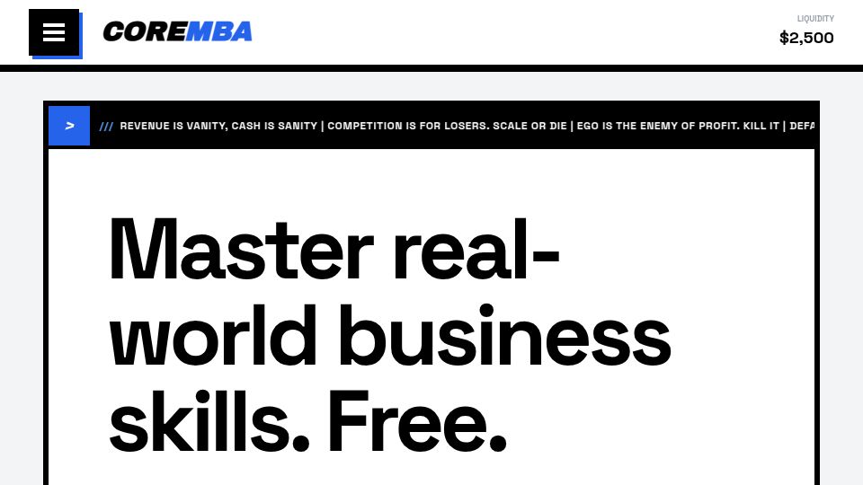 Screenshot of core-mba.pro: Show HN: I built a text-based business simulator to replace video courses