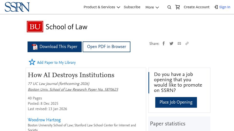 Screenshot of papers.ssrn.com: AI Destroys Institutions